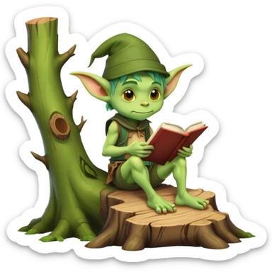 cute goblin with cap reading a book sat on a tree stump sticker