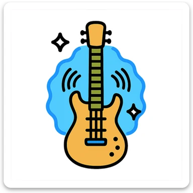 electric guitar with glowing blue aura, strings visibly vibrating, modern icon style sticker