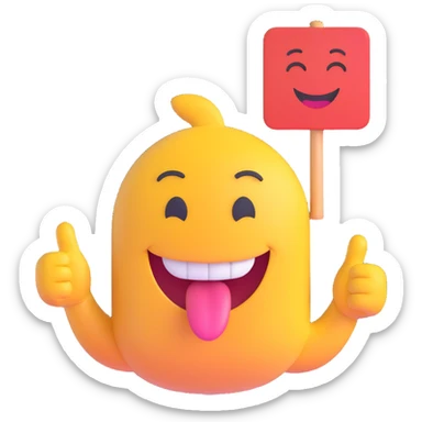 AI emoji with a smirk, sticking out tongue and winking, holding a goofy thank you sign, aiming to make friends laugh sticker