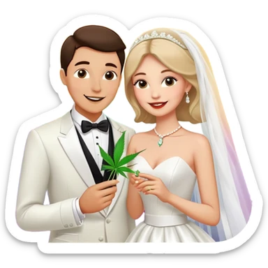 Bride in white dress and groom in tuxedo sharing a cannabis joint, cheerful cartoon wedding couple with vibrant colorful background sticker