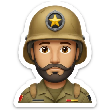 very tired Iraqi military, in a helmet, with a beard sticker