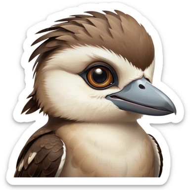 Cinematic Cute Kookaburra Portrait Emoji, Head tilted playfully and inquisitively, featuring a glossy brown plumage with subtle cream accents and a perky, expressive beak, round, sparkling eyes filled with curious mirth, Simplified yet irresistibly adorable features, highly detailed, glowing with a warm, friendly glow, high shine, affectionate and spirited, stylized with a touch of bushland whimsy, bright and endearing, soft glowing outline, capturing the essence of a mischievous yet loving kookaburra, so playful it feels like it could chuckle out of the screen into your arms! sticker