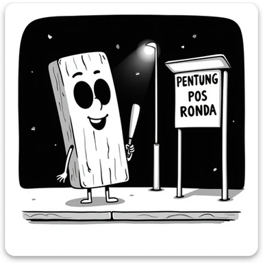 a humanoid wooden club with big cartoon eyes and a wide smile, barefoot, standing at a dark street bus stop under a dim streetlight, holding a bat, with a background sign reading 'Pentung Pos Ronda' sticker
