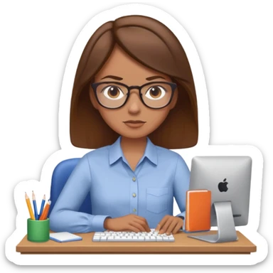 Uma mulher de cabelo cstanho que é professora um pouco brava não usa óculos e está a trabalhar ao computador sticker