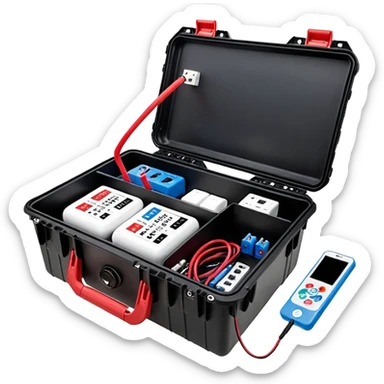 An open, black outdoor test case.Interior: control panel with colored test jacks, USB ports, and a power outlet. A red test probe is located next to it. On the left side of the case is a large roll of white, round test labels displaying QR codes. A blue cable leads out of the side of the case. sticker