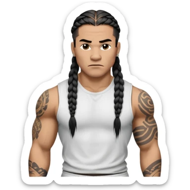 Samoan males with white t-shirt. long braided hair, very muscular, tattoos. street culture clothing. Tough and menacing. sticker