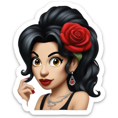Amy Winehouse with nose piercing, hoops and red rose in hair sticker