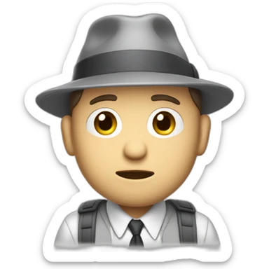 tim robinson wearing a grey fedora with a grey flap on the back white shirt only looking scared and sad 3 quarter angle, hat has a flap of fabric on the back sticker