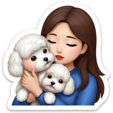 Asian girl with long brown hair kissing a white bichon sticker