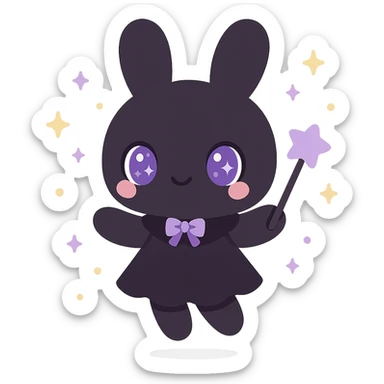 kawaii style magical gothic bunny, adorable face, black fur, purple eyes, holding a magic wand, floating with sparkles, sweet and whimsical sticker