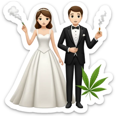 A bride in white wedding dress and groom in tuxedo, full body, smoking cannabis, side by side sticker