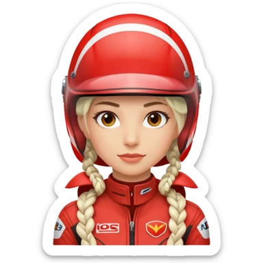 woman with white braided hair in red racer helmet sticker