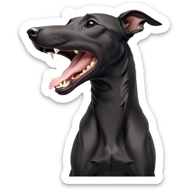 Cinematic Cute Yawning Black Greyhound Portrait Emoji, Head tilted slightly with a dramatic, wide-open yawn, showcasing a sleek black Fur with a polished finish, floppy ears slightly drooping, round dark eyes barely open in drowsy contentment, Simplified yet irresistibly adorable features, highly detailed, glowing with a soft, cozy glow, high shine, relaxed yet expressive, stylized with a touch of whimsy, bright and endearing, soft glowing outline, capturing the essence of a sleepy yet affectionate racer, so drowsy it feels like it could stretch out of the screen and curl up for a nap! sticker