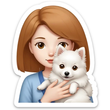 light brown hair girl with pale skin holding a Japanese spitz dog sticker