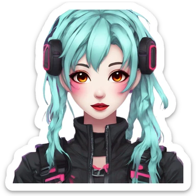 Gorgeous bright colorful neon gothic techwear anime style lady with blushing face aesthetic and pretty edgy black red punk messy hair with collar and harness trending style sticker
