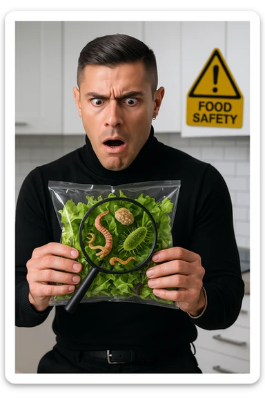 a man holds a bag of salad with both hands, his face frozen in shock as he looks at the contents. Inside the bag, exaggerated but realistic depictions of parasites and bacteria are visible, some highlighted with a magnifying glass overlay. The background is a clean kitchen, and a warning sign appears in the corner to reinforce the message about food safety. sticker