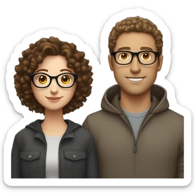 couple consisting of a white girl with round silver glasses and really short brown curly hair, taller white man with brown round glasses and short curly brown hair sticker