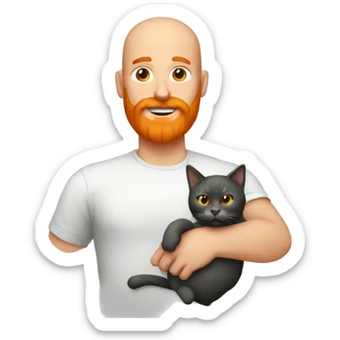 A bald man with a big orange beard holding a cat sticker