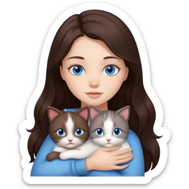 a pretty girl with long dark 
brown hair, with blue eyes, hugs 3 different natural coloured small cats sticker