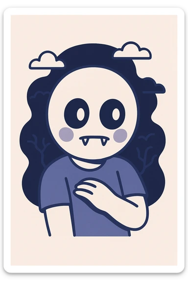 2D style shy and horror-themed emoji, bashful body language with blushing and looking away, subtle horror elements like wide eyes, slight fangs, shadowy background, expressive and slightly unsettling sticker
