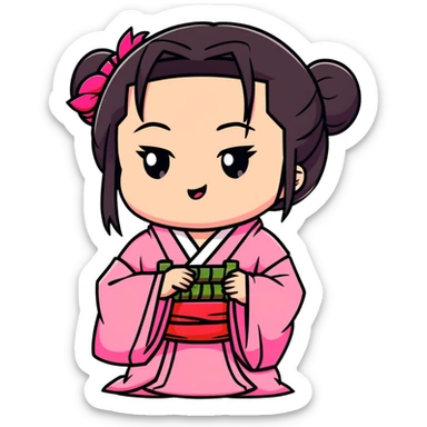 cute chibi Nezuko biting bamboo muzzle with her teeth clearly visible, pink kimono sticker