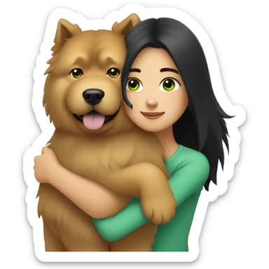 girl with long black hair and green eyes hugging a chow chow dog sticker