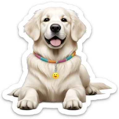 White golden retriever wearing a friendship bracelet sticker