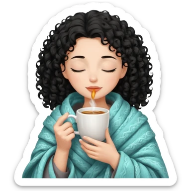 Gözleri kapalı, beyaz tenli ve kıvırcık siyah saçlı saç boyu orta omuzlarında bir kadın avatar, battaniyeye sarılmış halde beyaz bir Türk kahvesi fincanından içeceğini huzurla yudumluyor. sticker