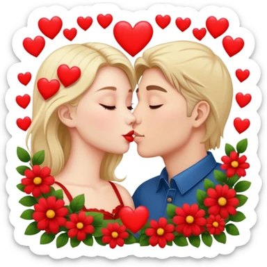 Hyper Realistic Couple kissing surrounded by red hearts and flowers sticker