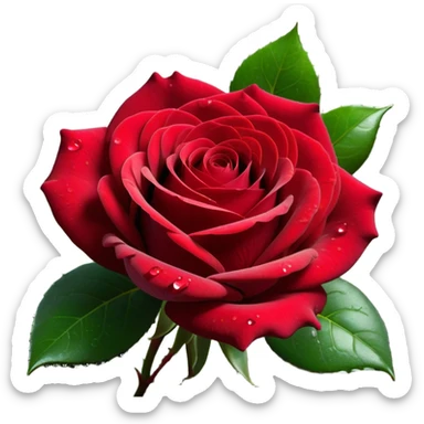 Cinematic Realistic Rose Emoji, Elegant and full of grace, with velvety, deep red petals unfurling in a perfect bloom, dew drops glistening on the soft edges, and a faint fragrance hanging in the air. The lush green leaves surround the stem, creating a vibrant contrast to the rich color of the petals. Soft glowing outline, capturing the essence of timeless beauty and romance in a single bloom. sticker