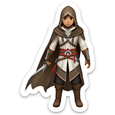 An icon representing an adventure game, inspired by Assassin's Creed. The design features a heroic character in hooded attire, scaling a tall building in a historical cityscape. The background shows ancient architecture and hidden symbols, symbolizing exploration and stealth. Transparent background sticker