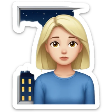 young woman gazing out a window at night, city lights outside, feeling lonely sticker