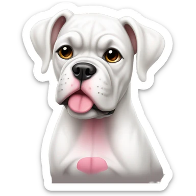 Sitting white boxer dog with pink nose sticker