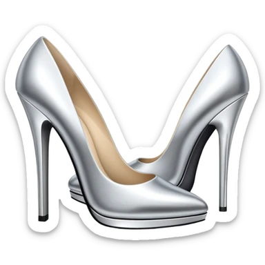 A pair of high heel shoes emoji made of polished silver chrome, elegant sharp silhouette, smooth metallic surface, glossy reflections, luxury sexy vibe, minimalistic iOS emoji style, centered, clean white background sticker