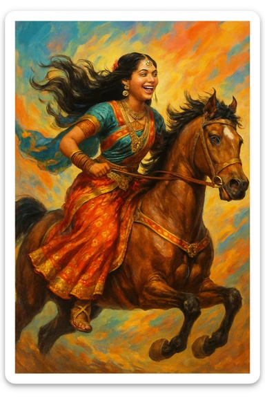 East Indian woman on a galloping horse, traditional attire, wind-blown hair, colorful background, joyful expression, action pose, detailed accessories sticker