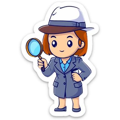 businesswoman with a detective hat and magnifying glass, looking closely at something sticker