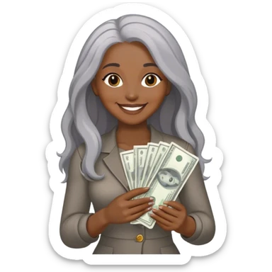 smiling black woman with long grey hair holding cash sticker