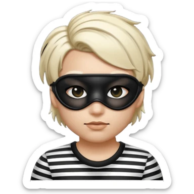 Realistic ios emoji-style portrait of a classic burglar, a black eye mask and a black-and-white striped shirt. Highly detailed, natural skin texture, soft cinematic lighting, realistic shadows, smooth gradients, clean outline, glossy reflections in the eyes. emoji-like hair sticker