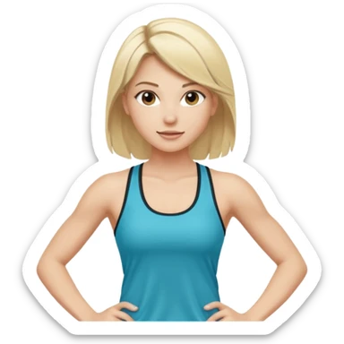fitness trainer girl with loose neat blonde hair with visible dark roots, wearing athletic tank top, energetic and sporty sticker
