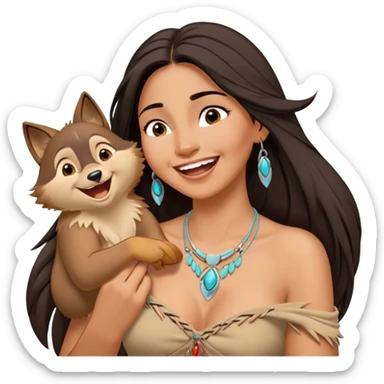 Cinematic Adorable Pocahontas Portrait Emoji, Laughing softly as Meeko tugs at her necklace, hair tousled in the wind, eyes full of warmth, a carefree spirit shining through, capturing the essence of beauty and playfulness! sticker