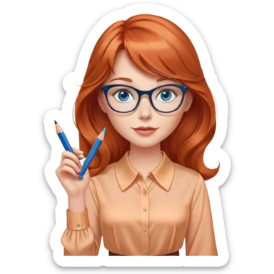 redheaded woman with very long wavy hair and bangs, blue eyes, clear cat-eye glasses, apricot silk blouse, pencil skirt, holding a pencil sticker