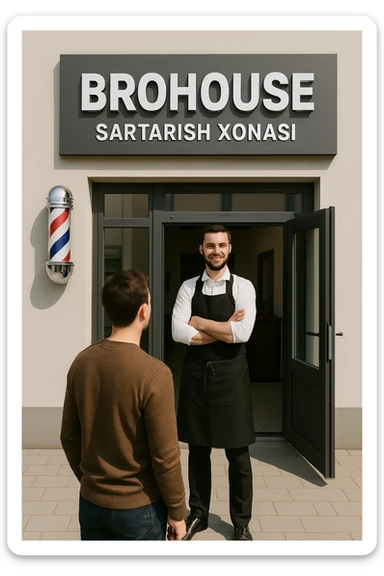 eni shu rasimga boyagi sartaosh oka eshik oldida tursin va tashqarida esa mijoz sticker