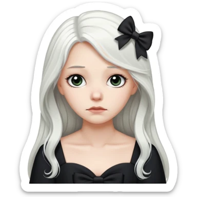 white long hair girl with black bow on her hair wearing black gown with a sad face sticker