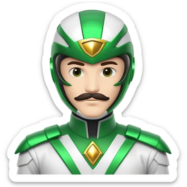 Green power ranger with white suit instead of green, with a visible mustache under the helmet sticker
