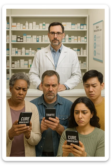 Realistic, vertical scene: a group of people in a pharmacy, some looking confused or skeptical as they read sensationalist headlines on their phones about “Cure Miracolanti” or “Truffe” A pharmacist stands behind the counter, ready to offer evidence-based advice. The atmosphere is educational, highlighting the importance of consulting professionals. sticker