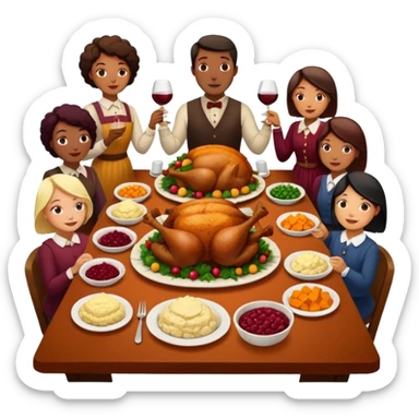 Thanksgiving Dinner with 10 people of different races around the table; have the food be a cooked turkey, mashed potatoes, corn, a basket of biscuits, a small bowl of cranberry sauce, baked yams, steamed vegetables, and a bottle of wine. sticker