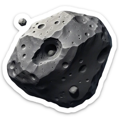  Cinematic Realistic Asteroid – A massive, irregularly shaped rock floating through the void, its cratered and pitted surface showing signs of ancient impacts. The harsh light from a nearby star reveals detailed textures and rugged, jagged edges. sticker