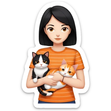 Shoulder length, black hair woman wearing short sleeves, holding an orange cat, with a orange cat with stripes, black and white cat and a calico cat surrounding her at home sticker