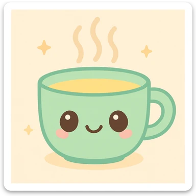 kawaii style hot tea cup with a cozy face, steam rising, pastel green and yellow color palette sticker