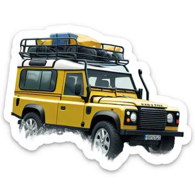 A four-wheel drive Land Rover crossing a shallow river in a rainforest, with trees in the background and splashing water, representing versatility and strength. sticker